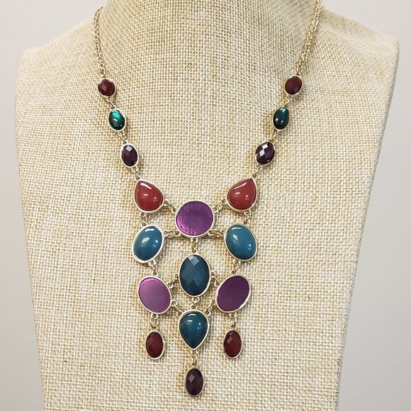 Gold tone, Enamel glass colorful bead drop dangle fashion necklace - Picture 1 of 7